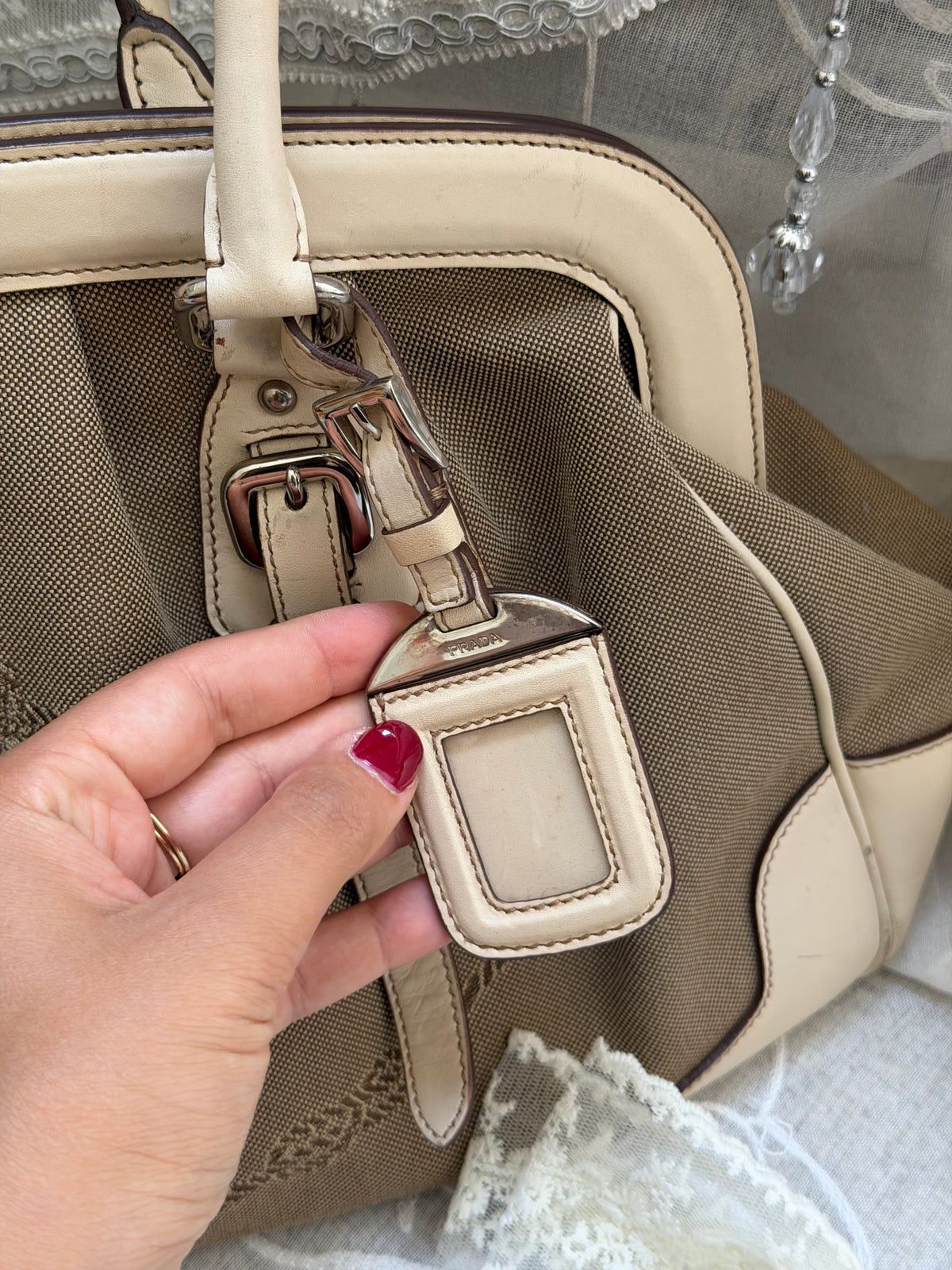 Prada VINTAGE Bianco Logo Jacquard Frame Satchel Bag
