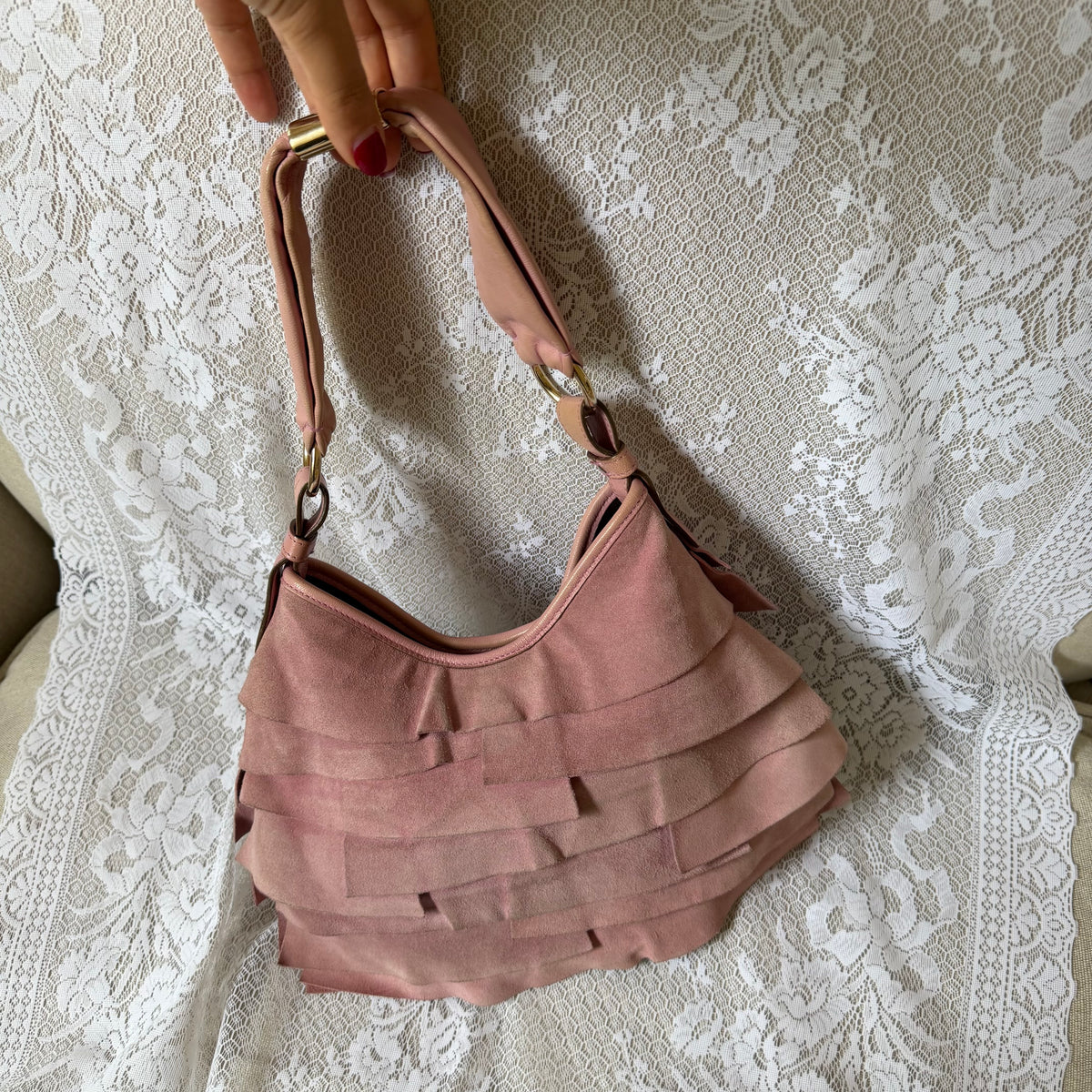 xovintage YVES SAINT LAURENT VINTAGE TIERED RUFFLE SUEDE ST. TROPEZ MOMBASA SHOULDER BAG IN DUSTY PINK - Handbags