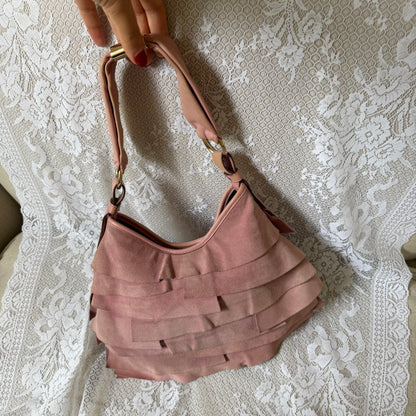 xovintage YVES SAINT LAURENT VINTAGE TIERED RUFFLE SUEDE ST. TROPEZ MOMBASA SHOULDER BAG IN DUSTY PINK - Handbags