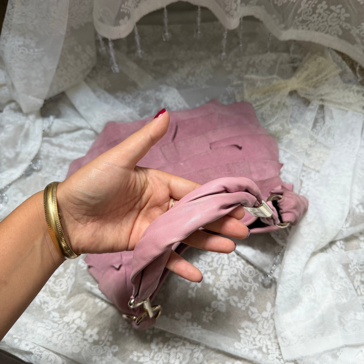 YVES SAINT LAURENT RIVE GAUCHE (TOM FORD ERA) VINTAGE PINK SUEDE SAINT-TROPEZ TIERED RUFFLE BAG
