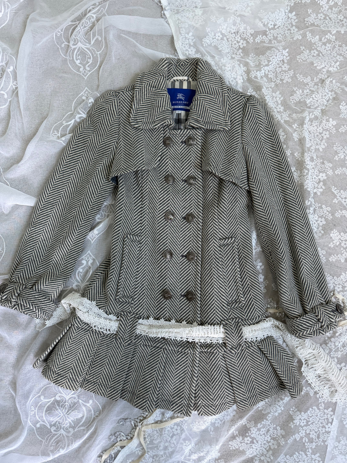 xovintage burberry blue label vintage pleated flirty dress coat w herringbone detail (S, 38) - Overcoats