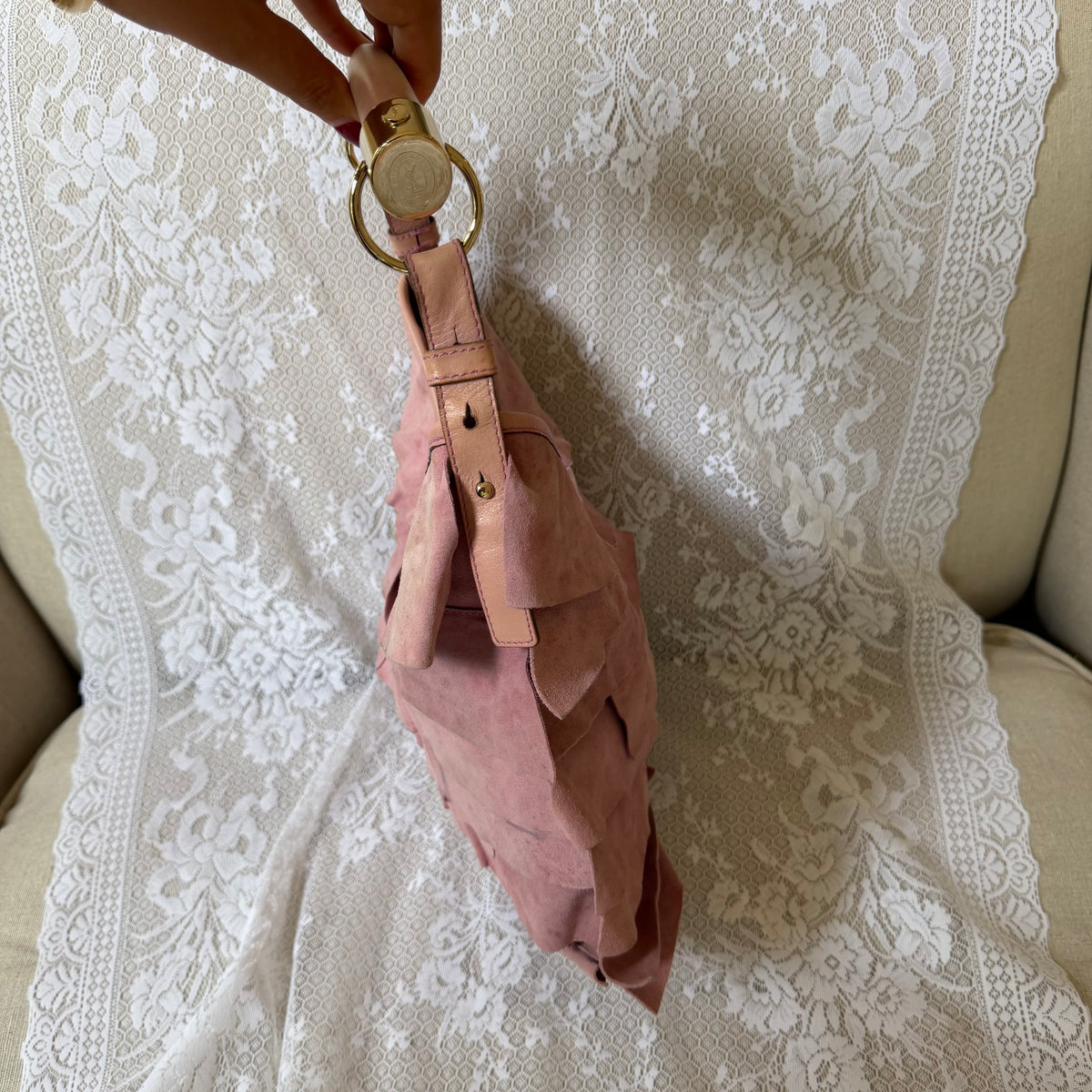 xovintage VINTAGE YVES SAINT LAURENT RARE TIERED RUFFLE SUEDE ST. TROPEZ MOMBASA SHOULDER BAG IN DUSTY PINK - Handbags