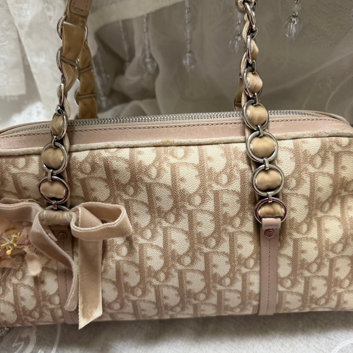 xovintage VINTAGE Dior Romantique Trotter Shoulder Bag with Floral Bow Detail - Handbags