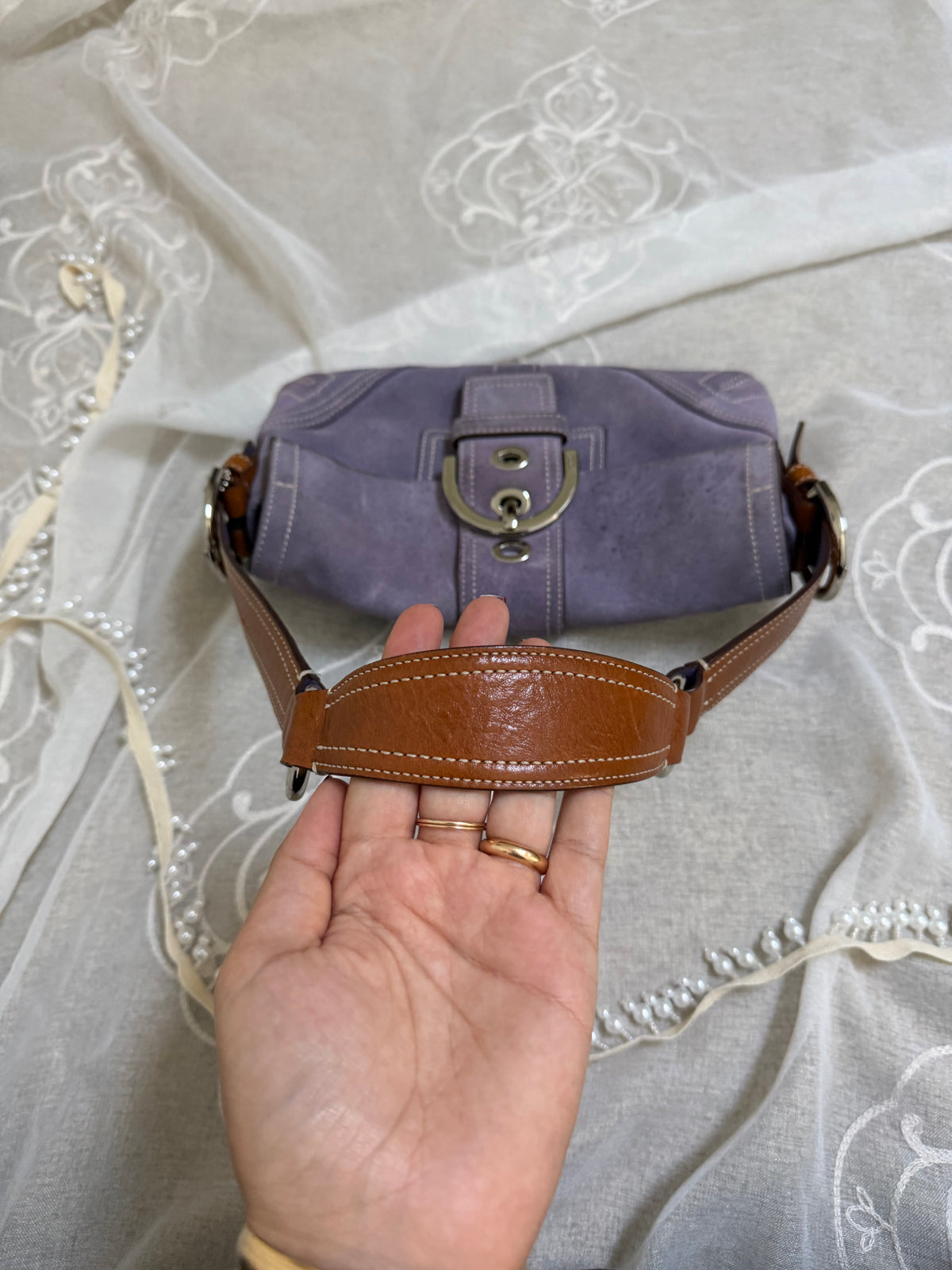xovintage Vintage Coach Lavender Soho Suede Buckle Flap Shoulder Bag - Handbags