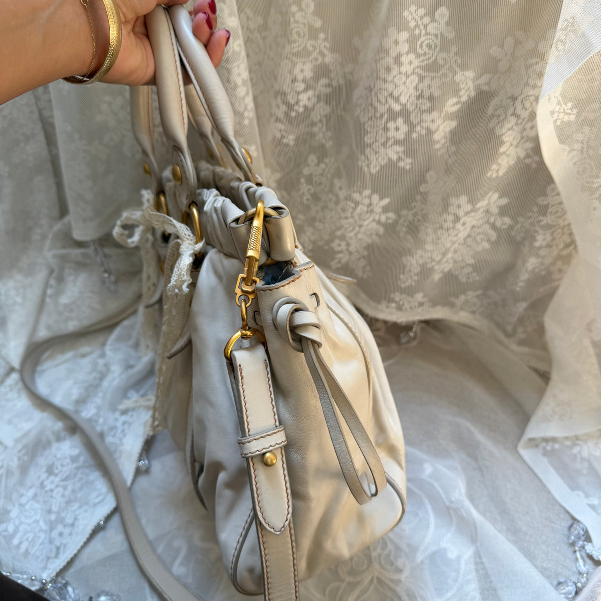 xovintage VINTAGE MIU MIU IVORY LEATHER RUCHED VITELLO BAG - Handbags