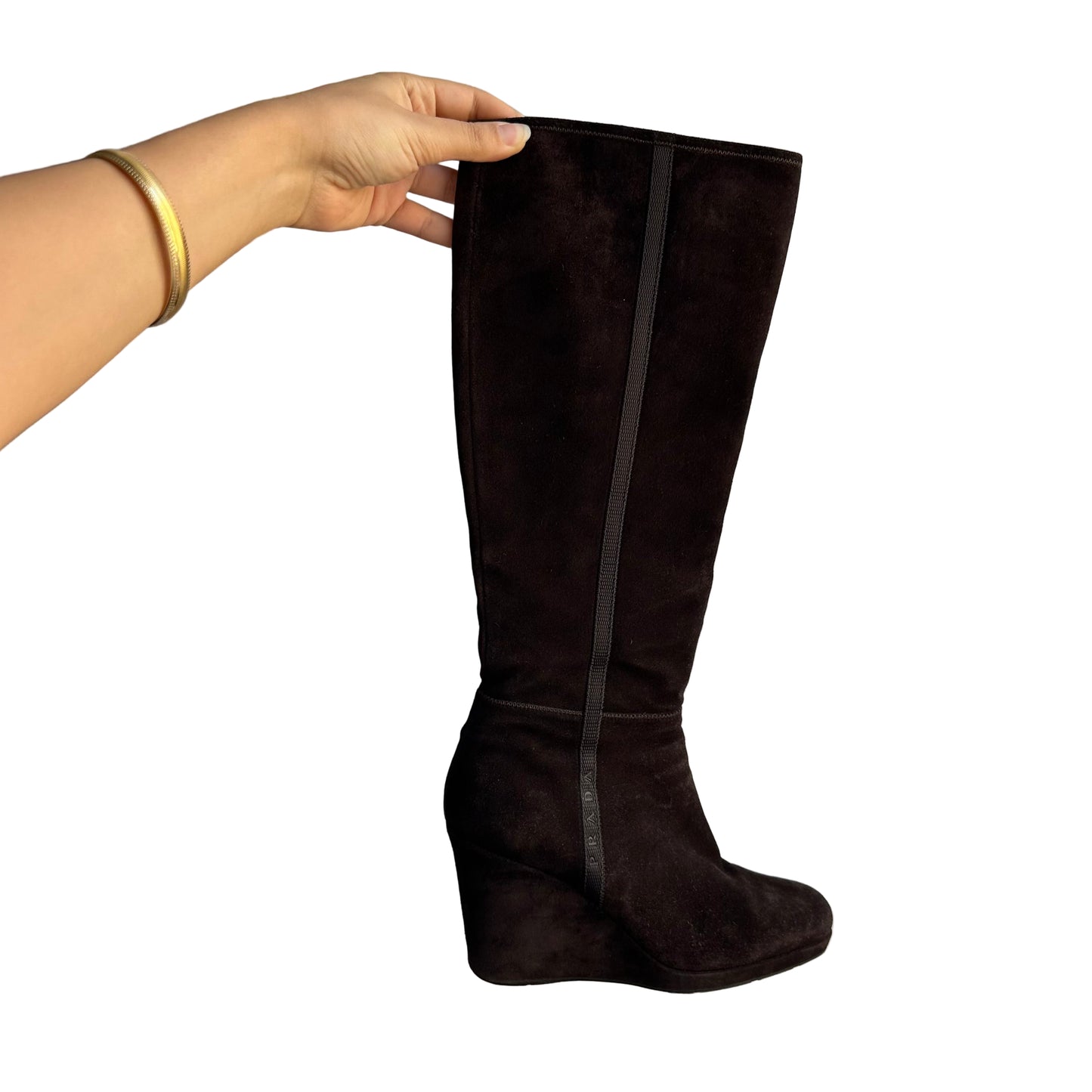 prada chocolate brown suede wedge heel boots (41)