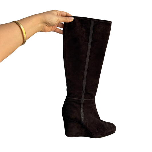 prada chocolate brown suede wedge heel boots (41)
