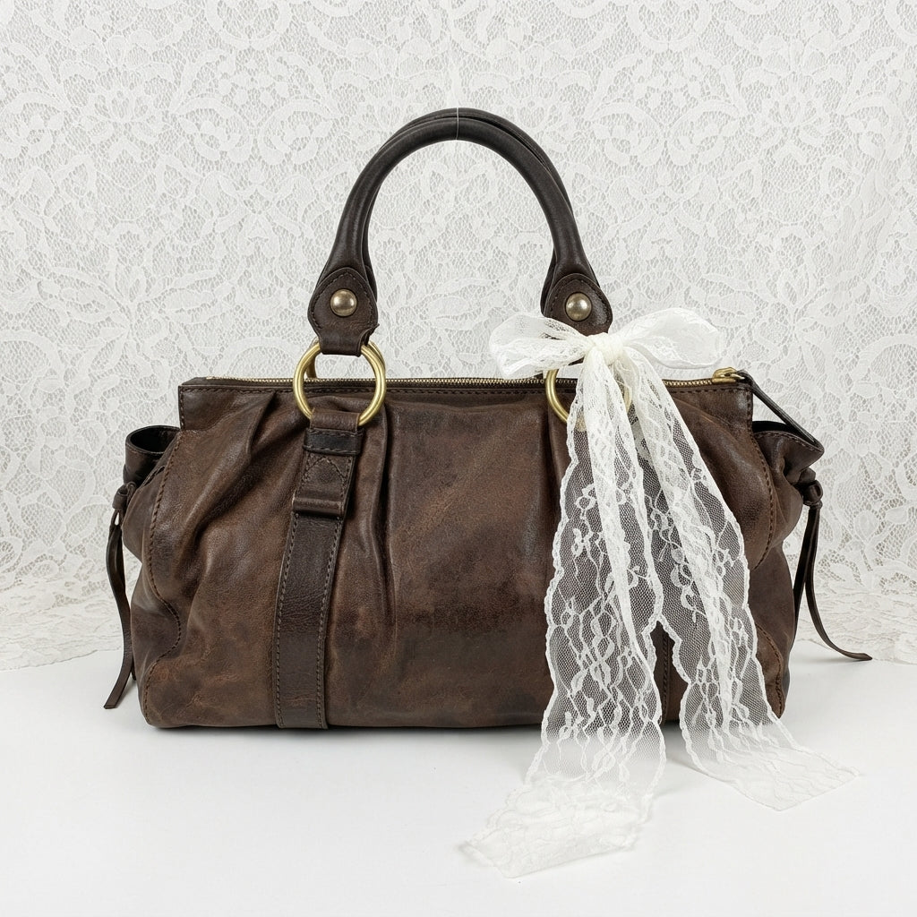 MIU MIU VINTAGE DARK BROWN LEATHER RUCHED VITELLO BAG