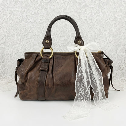 MIU MIU VINTAGE DARK BROWN LEATHER RUCHED VITELLO BAG