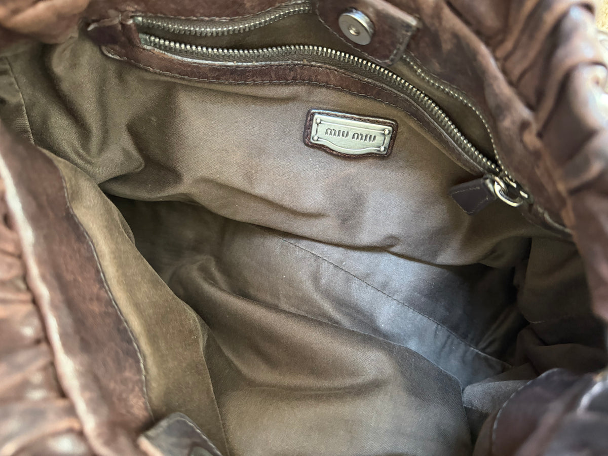 miu miu dark chocolate vintage vitello lux ruched bag