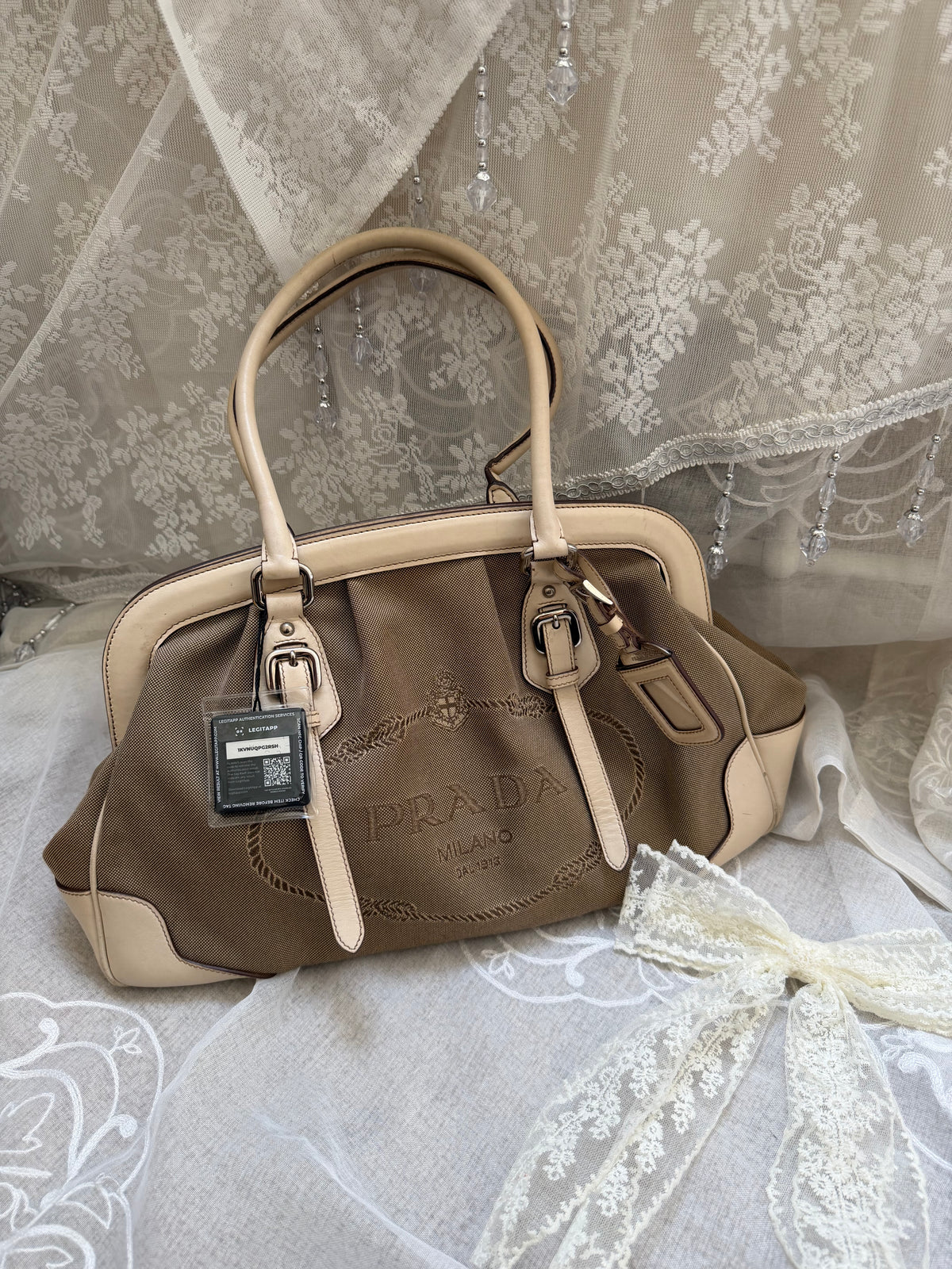 Prada VINTAGE Bianco Logo Jacquard Frame Satchel Bag