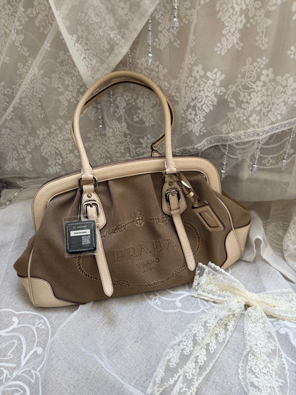 Prada VINTAGE Bianco Logo Jacquard Frame Satchel Bag