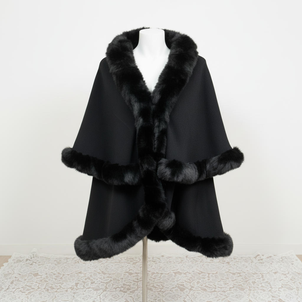 Black cape with fur trim on a mannequin against a white background