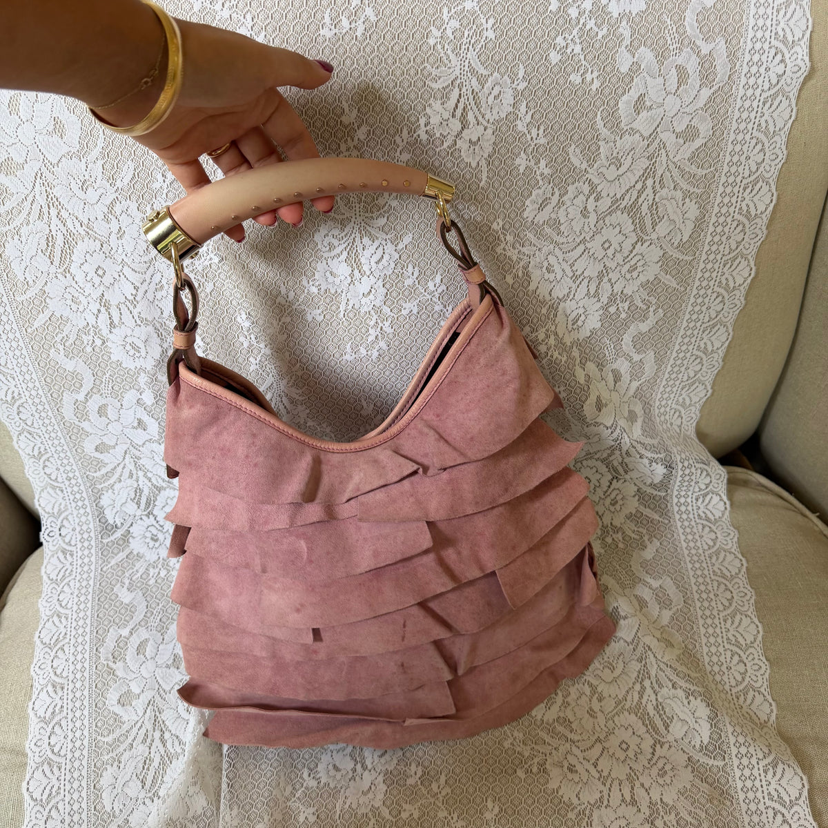 xovintage VINTAGE YVES SAINT LAURENT RARE TIERED RUFFLE SUEDE ST. TROPEZ MOMBASA SHOULDER BAG IN DUSTY PINK - Handbags