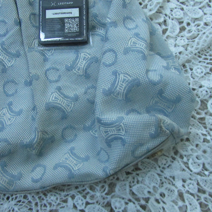 the corner of a blue patterned bag on a lace background