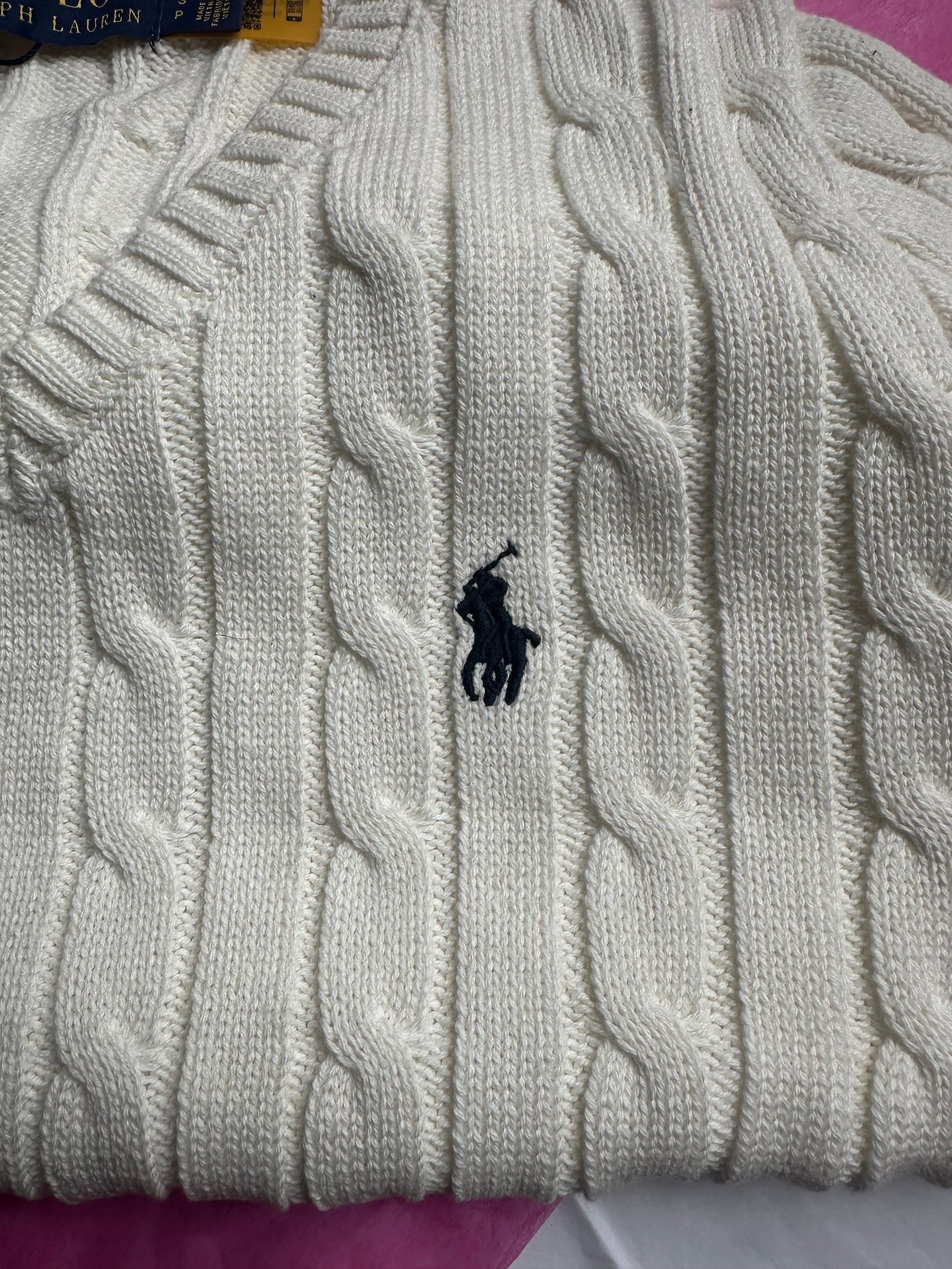 Ralph Lauren White Cable Knit V-Neck Sweater