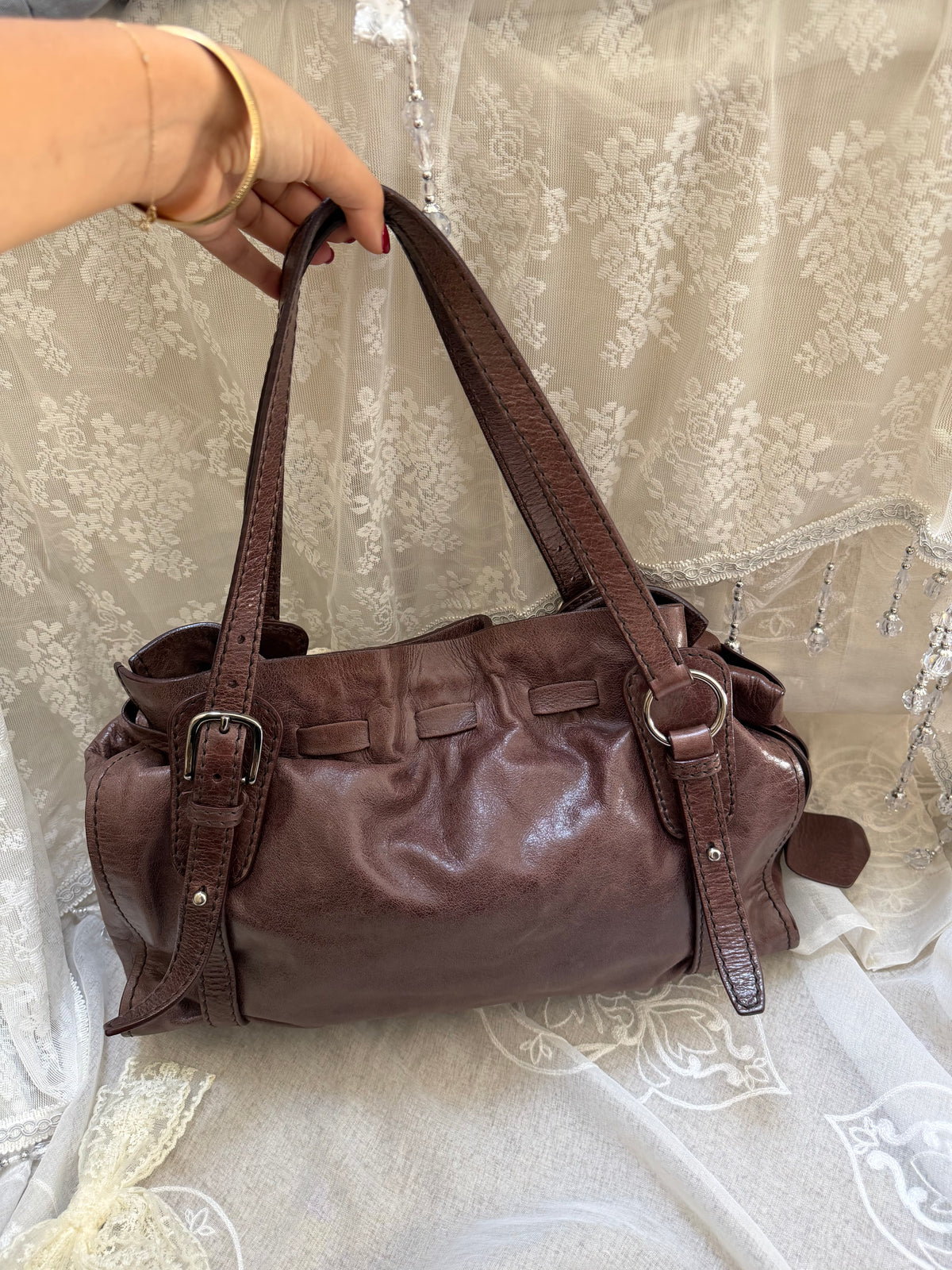 Miu Miu Vintage Chocolate Brown Vitello Lux Bow Shoulder Bag