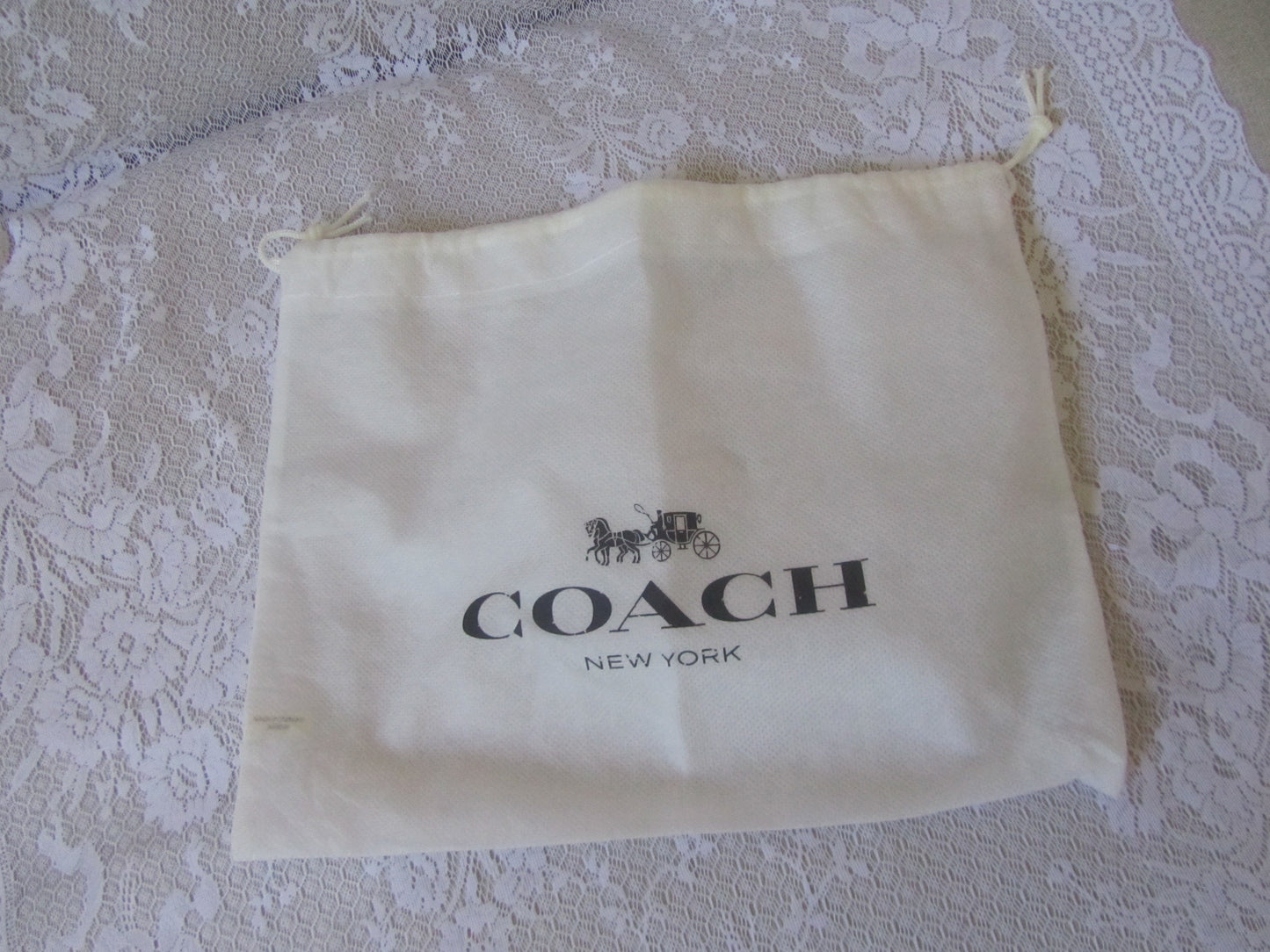 Beige Coach pouch with logo on a textured surface