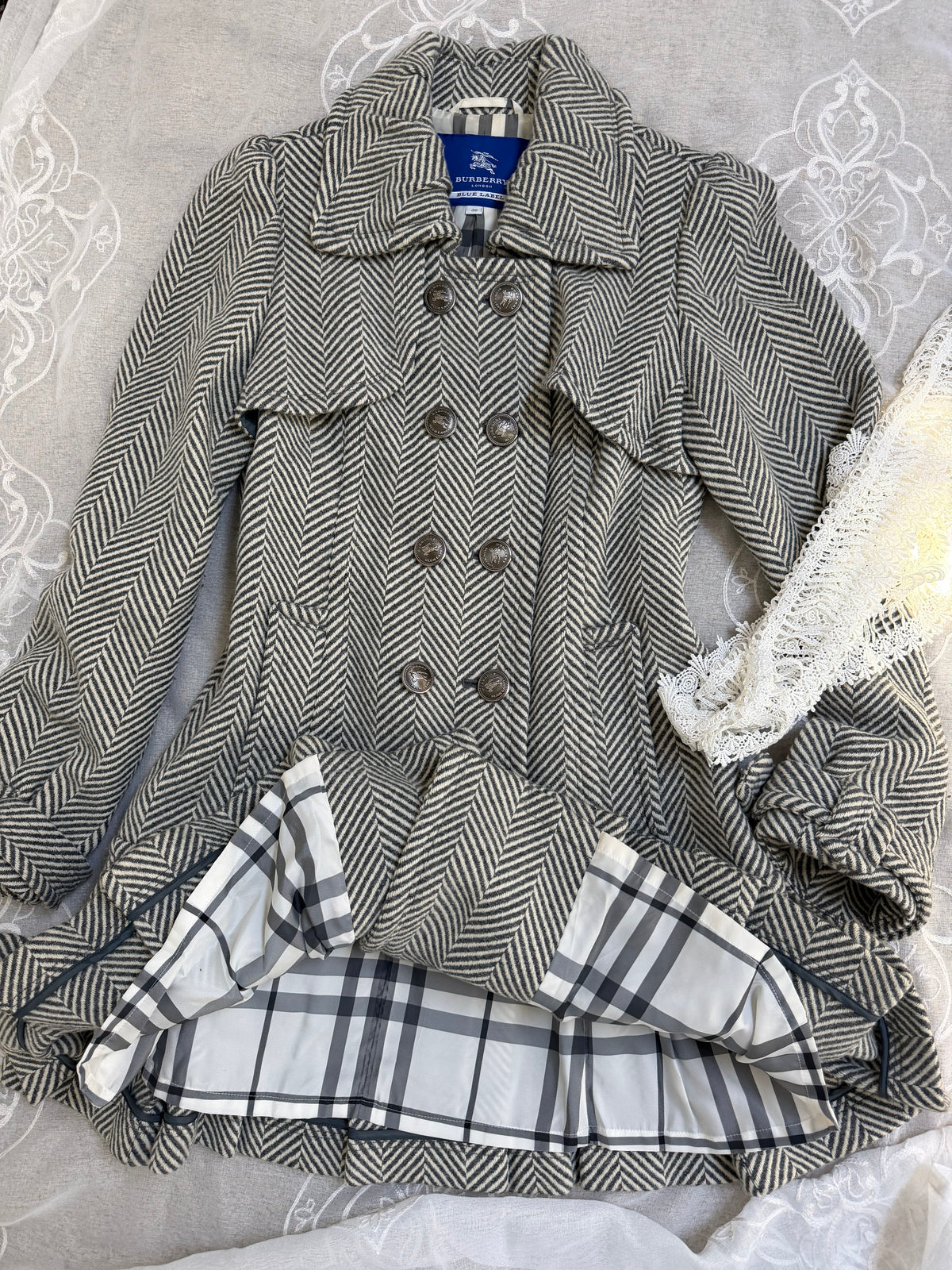 xovintage burberry blue label vintage pleated flirty dress coat w herringbone detail (S, 38) - Overcoats