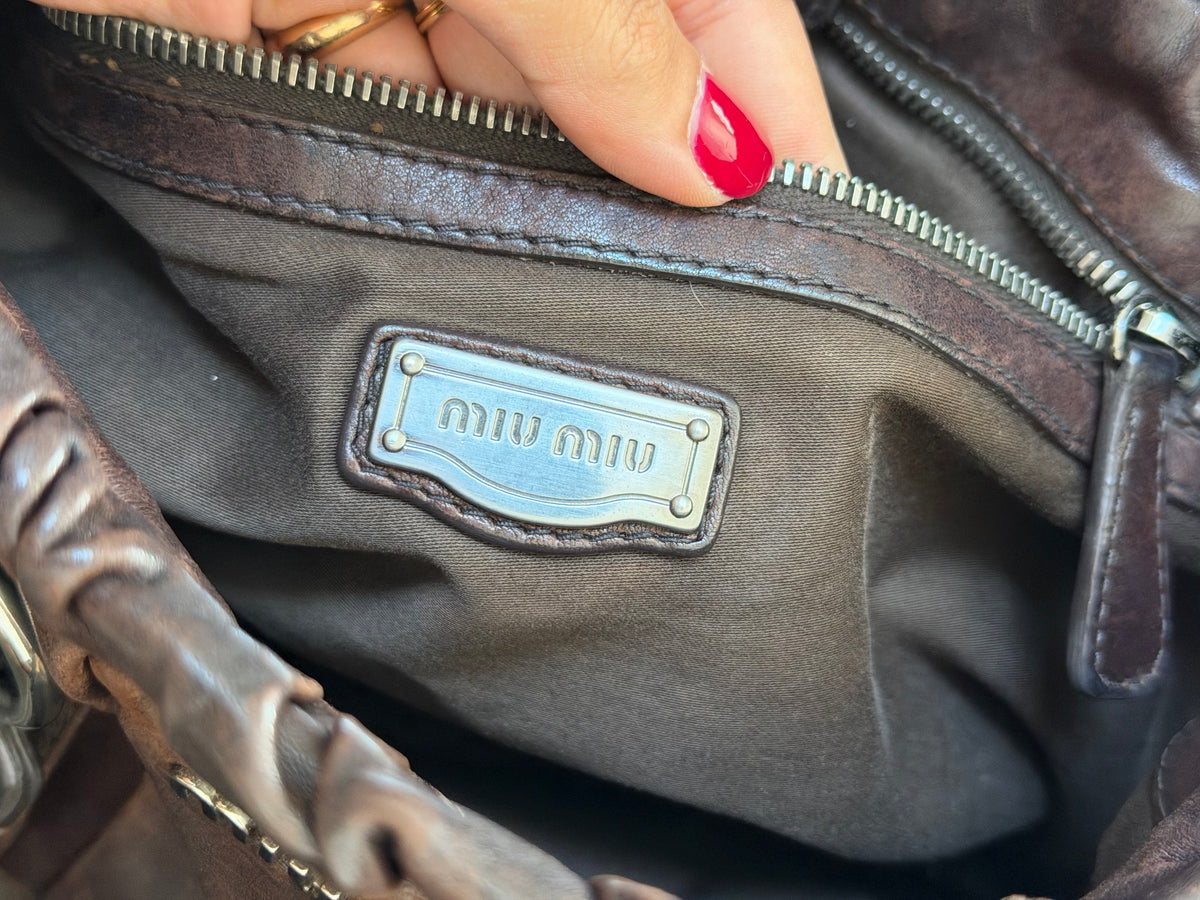 miu miu dark chocolate vintage vitello lux ruched bag