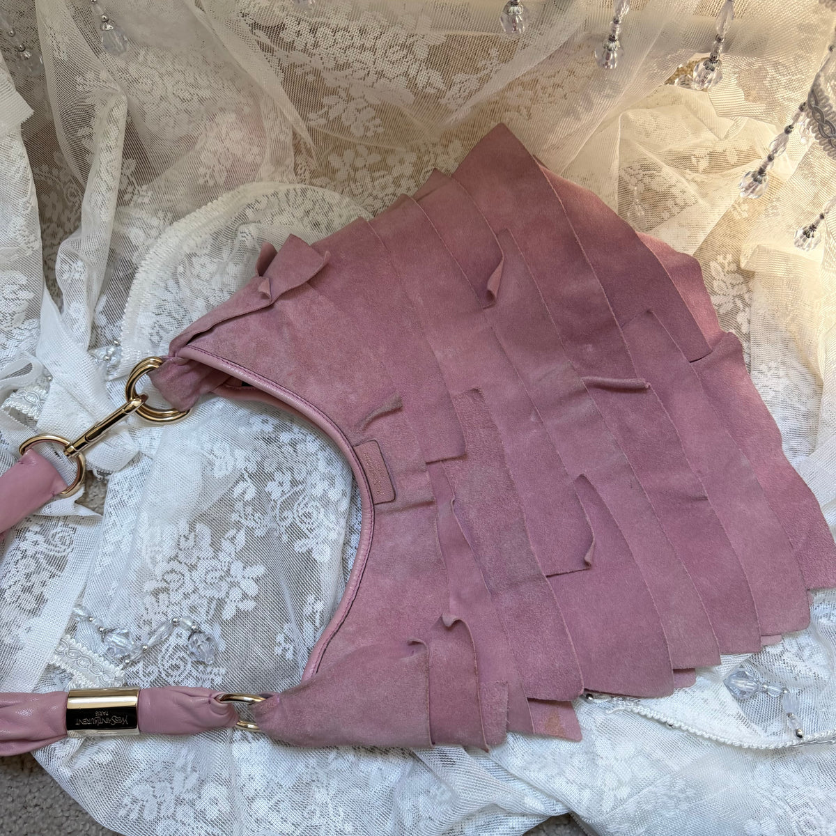 YVES SAINT LAURENT RIVE GAUCHE (TOM FORD ERA) VINTAGE PINK SUEDE SAINT-TROPEZ TIERED RUFFLE BAG