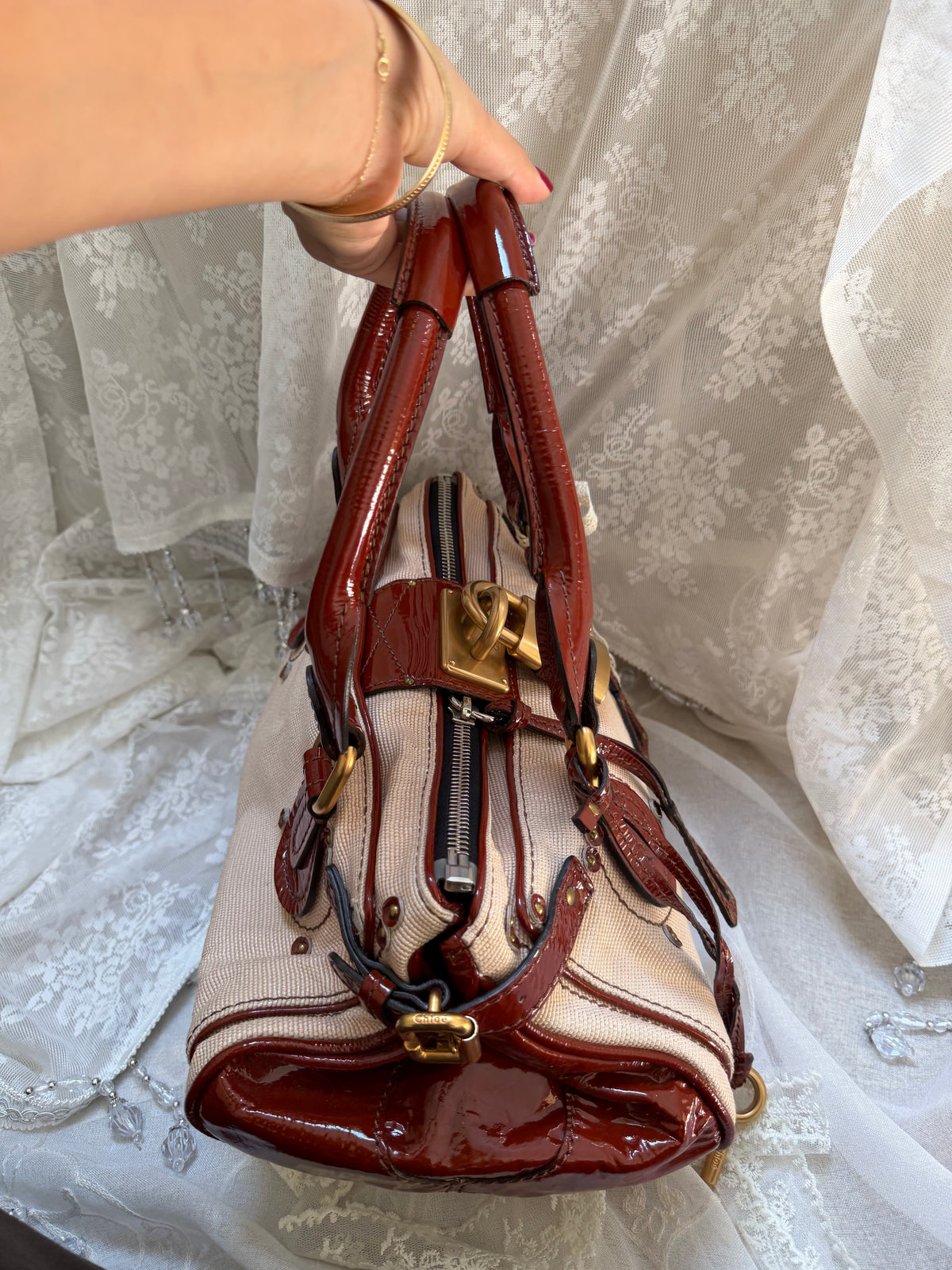 xovintage VINTAGE CHLOE PADDINGTON BAG IN BEIGE CANVAS X PATENT LEATHER - Handbags