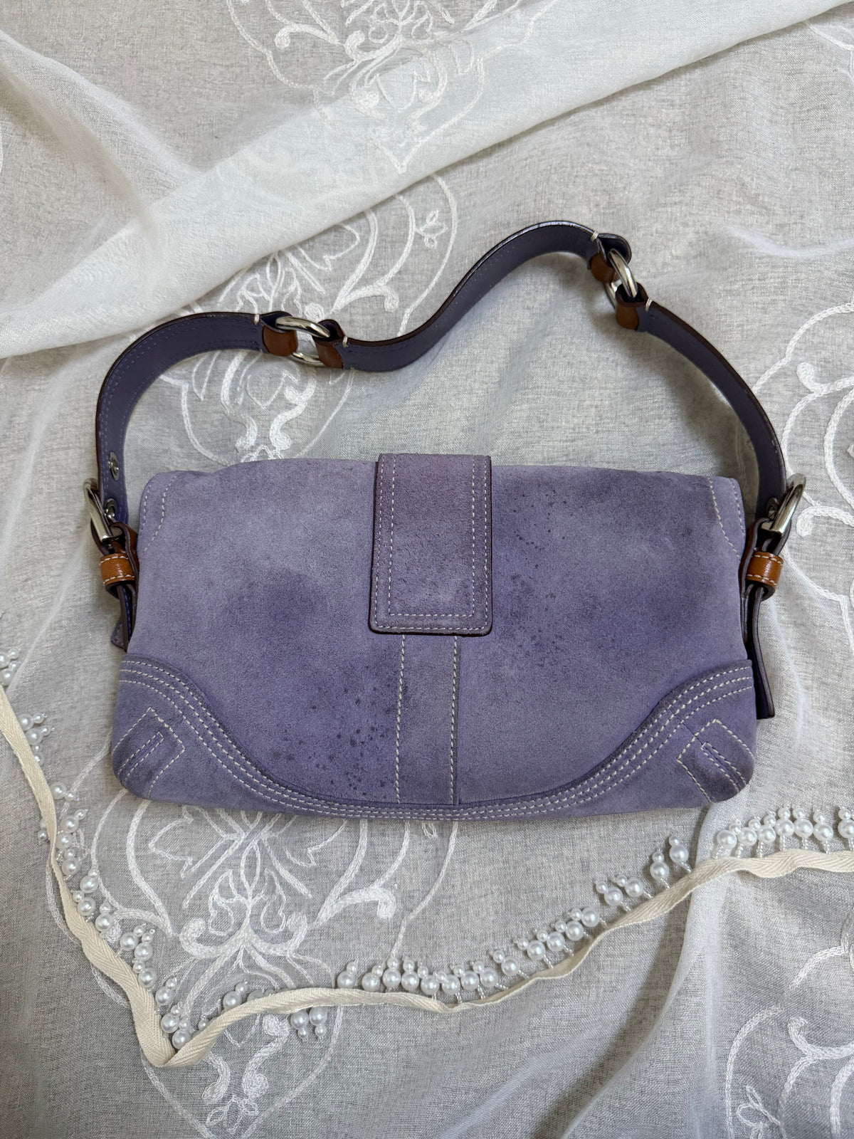 xovintage Vintage Coach Lavender Soho Suede Buckle Flap Shoulder Bag - Handbags