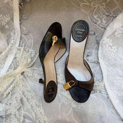 xovintage VINTAGE Christian Dior Camouflage Lizard-Embossed Padlock & Key HEELS - Shoes
