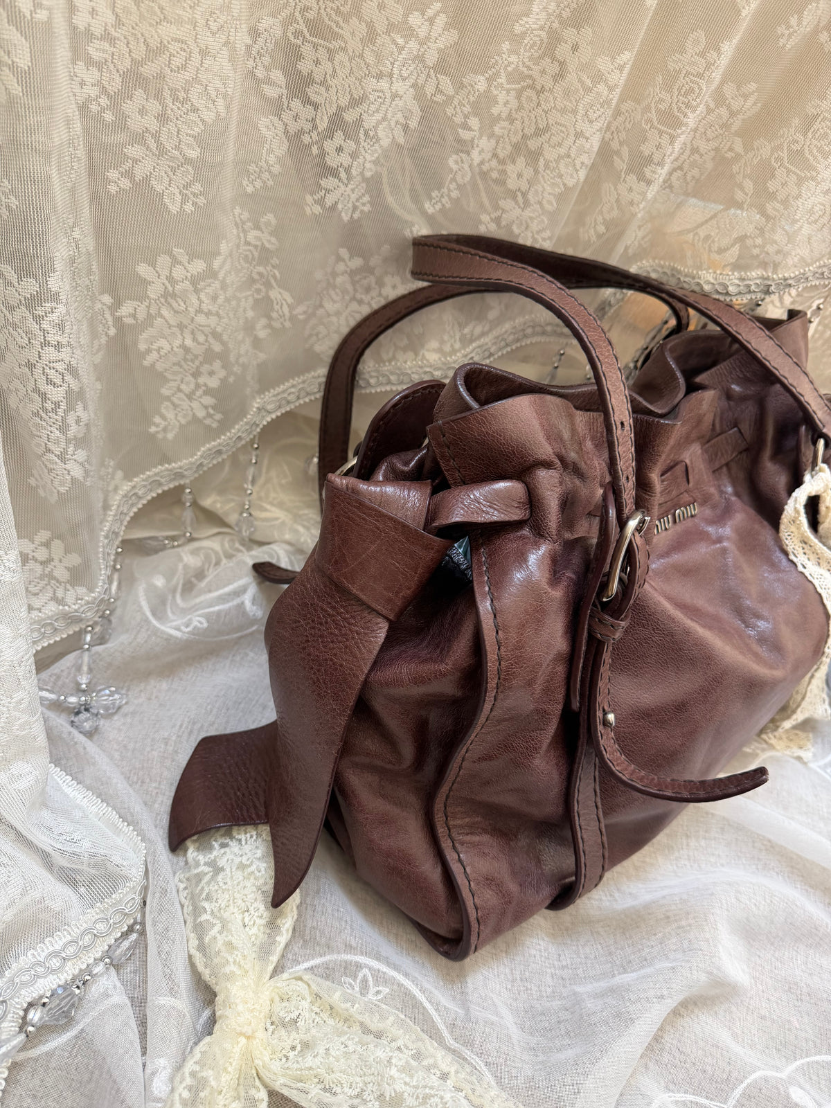 Miu Miu Vintage Chocolate Brown Vitello Lux Bow Shoulder Bag