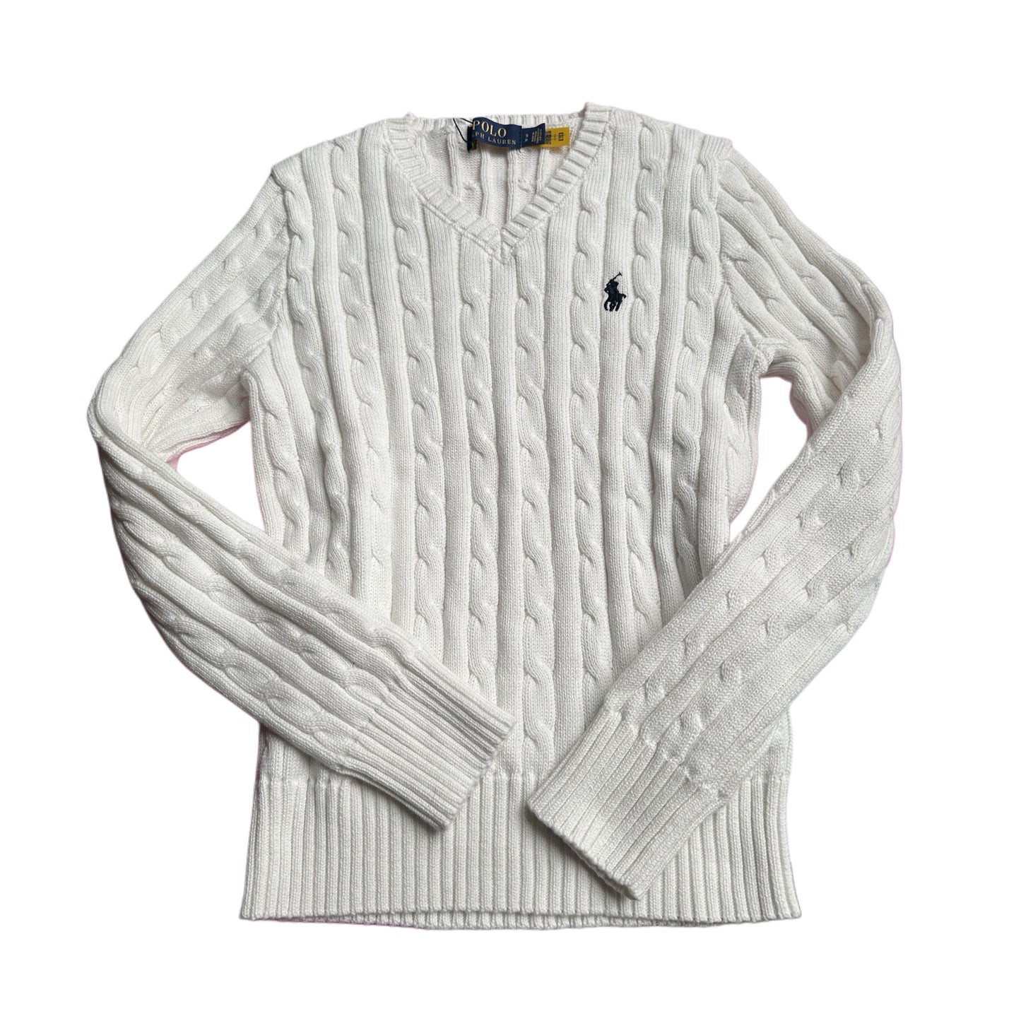 Ralph Lauren White Cable Knit V-Neck Sweater