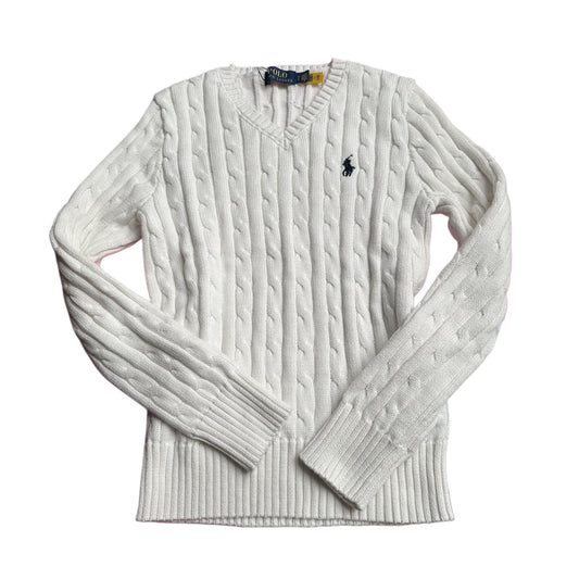 Ralph Lauren White Cable Knit V-Neck Sweater