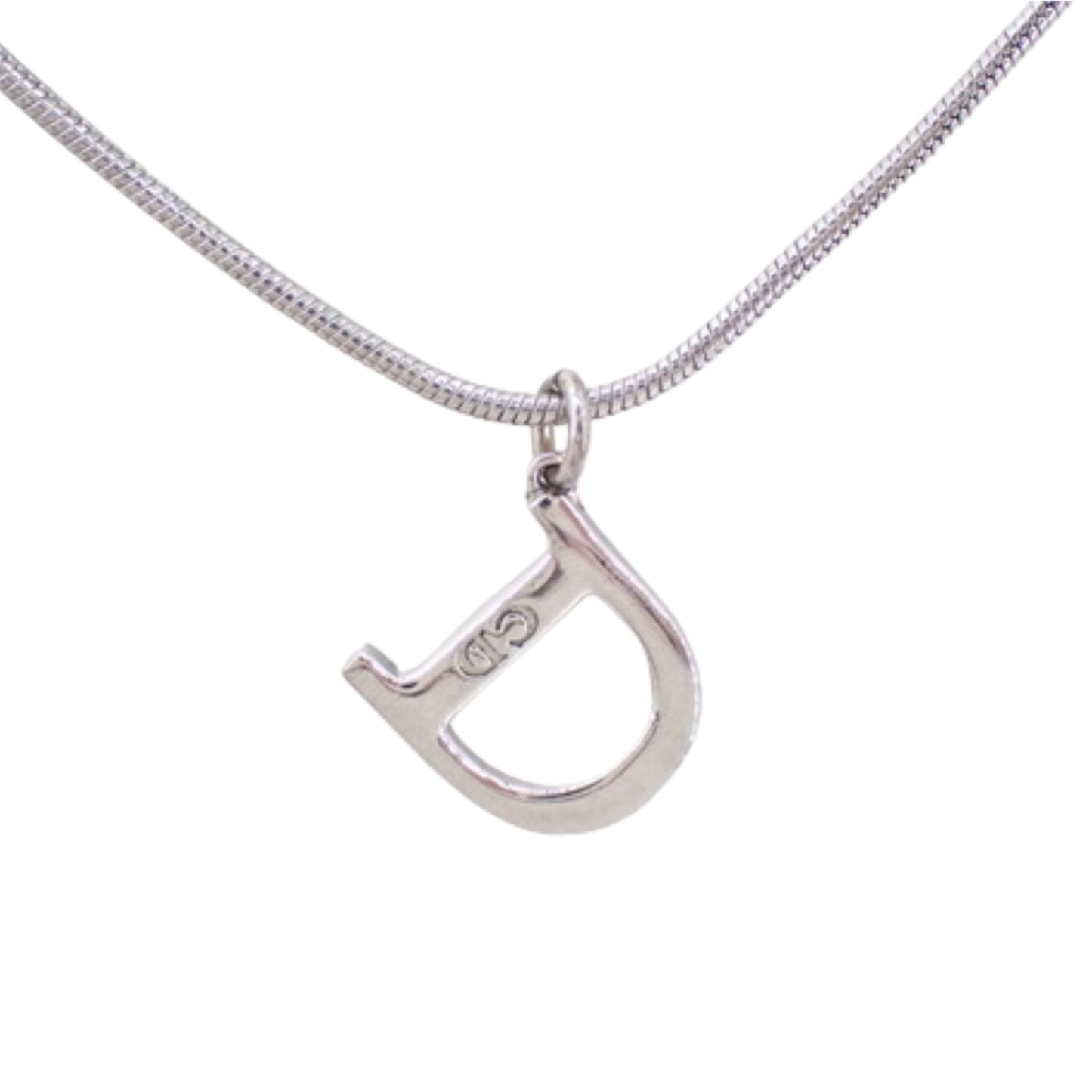 christian dior silver tone “d” logo necklace