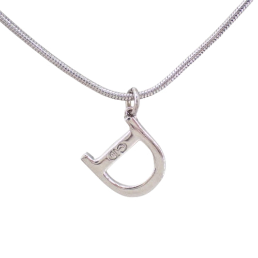 christian dior silver tone “d” logo necklace