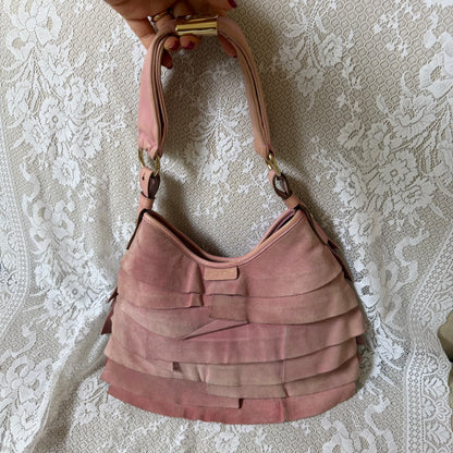 xovintage YVES SAINT LAURENT VINTAGE TIERED RUFFLE SUEDE ST. TROPEZ MOMBASA SHOULDER BAG IN DUSTY PINK - Handbags