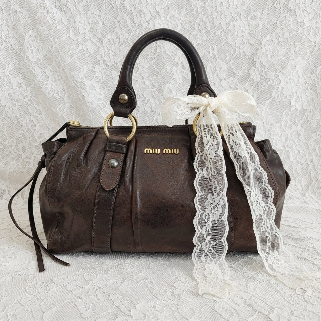 MIU MIU VINTAGE DARK BROWN LEATHER RUCHED VITELLO BAG
