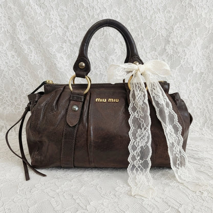 MIU MIU VINTAGE DARK BROWN LEATHER RUCHED VITELLO BAG