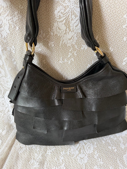 xovintage YVES SAINT LAURENT VINTAGE TIERED RUFFLE LEATHER ST TROPEZ MOMBASA SHOULDER BAG BLACK - Handbags