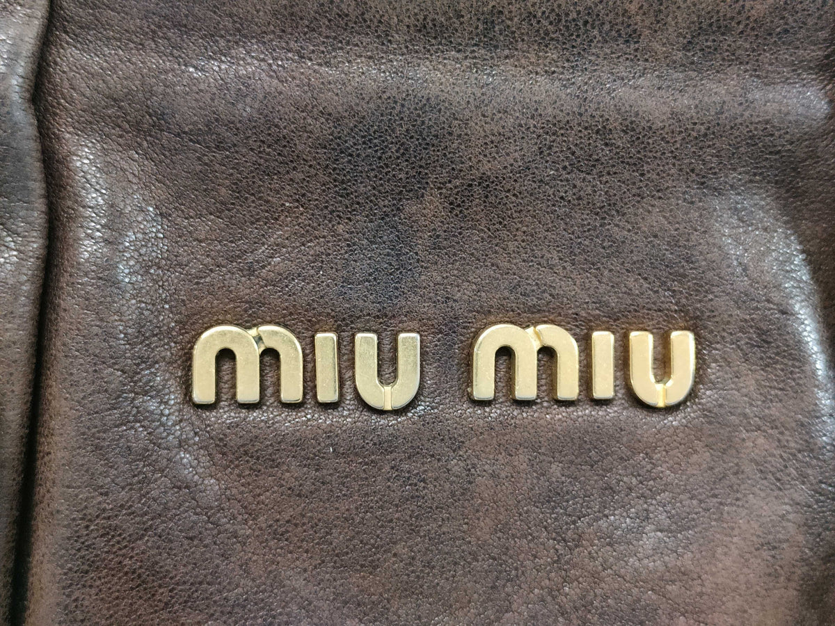 MIU MIU VINTAGE DARK BROWN LEATHER RUCHED VITELLO BAG