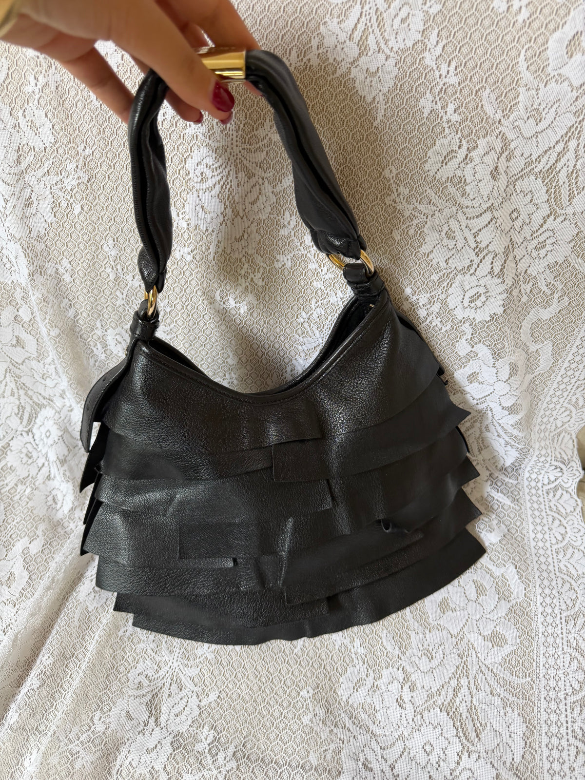 xovintage YVES SAINT LAURENT VINTAGE TIERED RUFFLE LEATHER ST TROPEZ MOMBASA SHOULDER BAG BLACK - Handbags