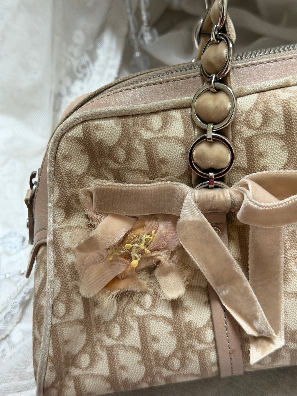 xovintage VINTAGE Dior Romantique Trotter Shoulder Bag with Floral Bow Detail - Handbags