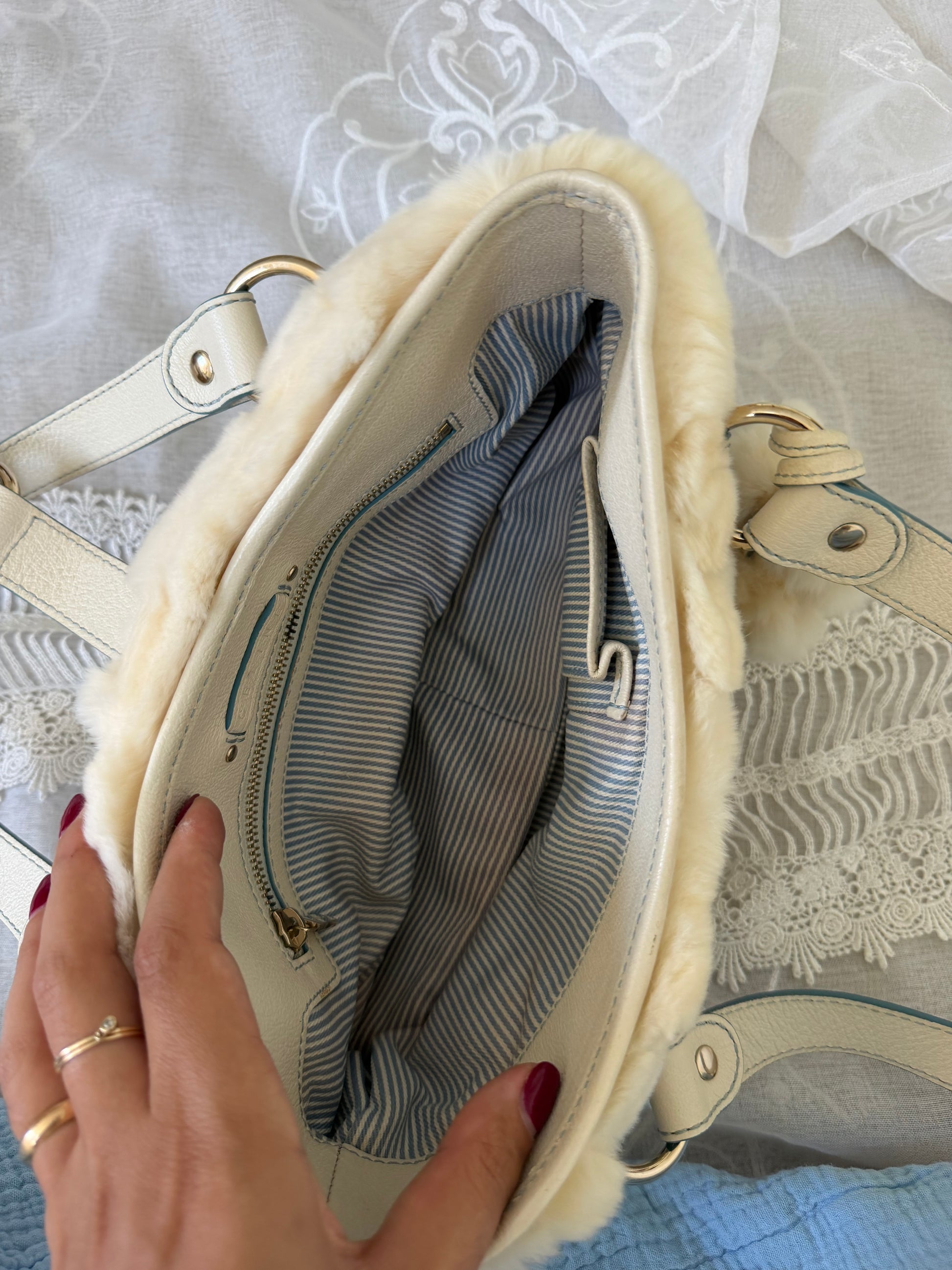 xovintage celine rare vintage fur-detailed lily c pompom blue bag - Handbags