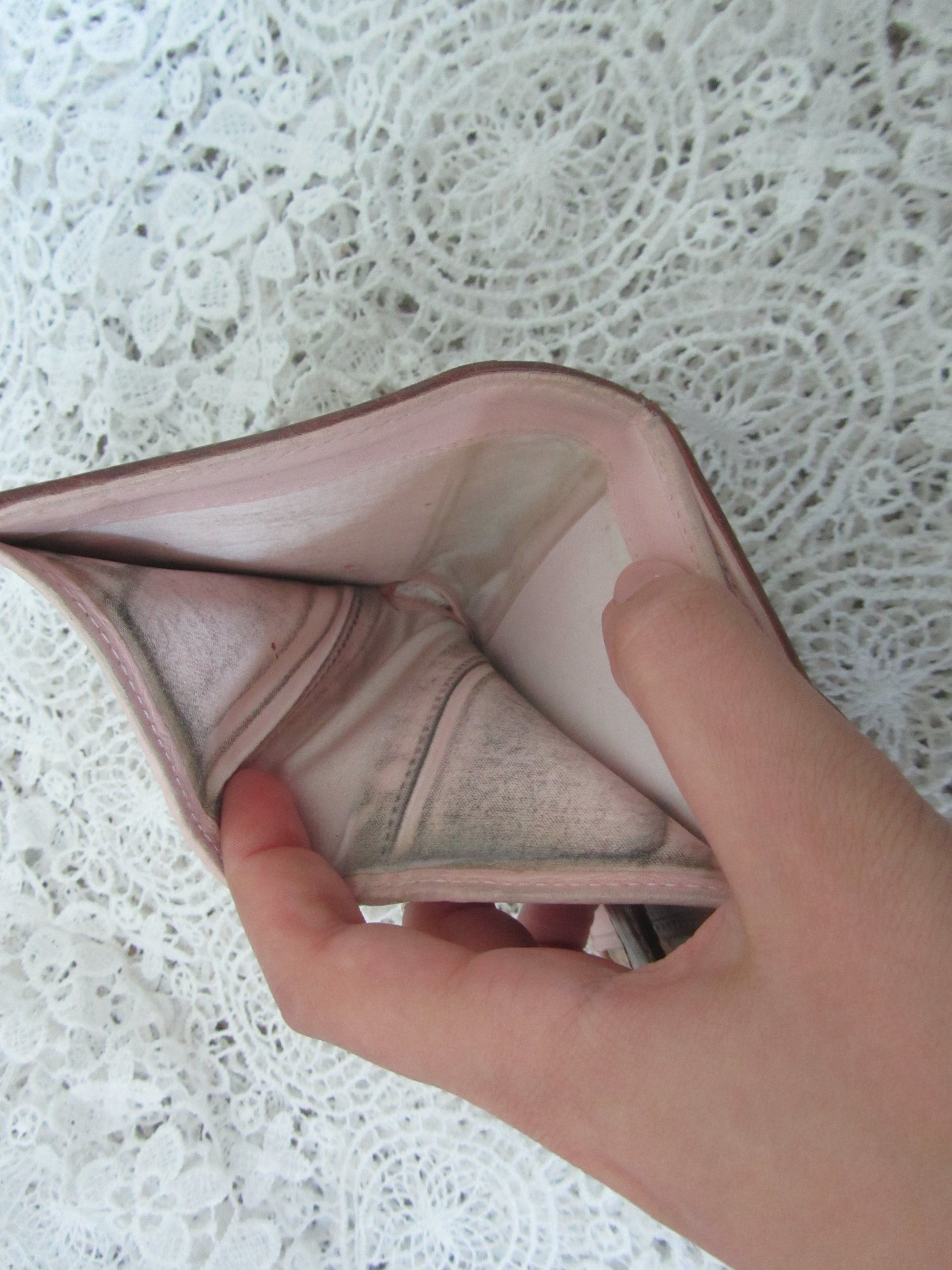 Hand holding an open pink wallet against a textured white background
