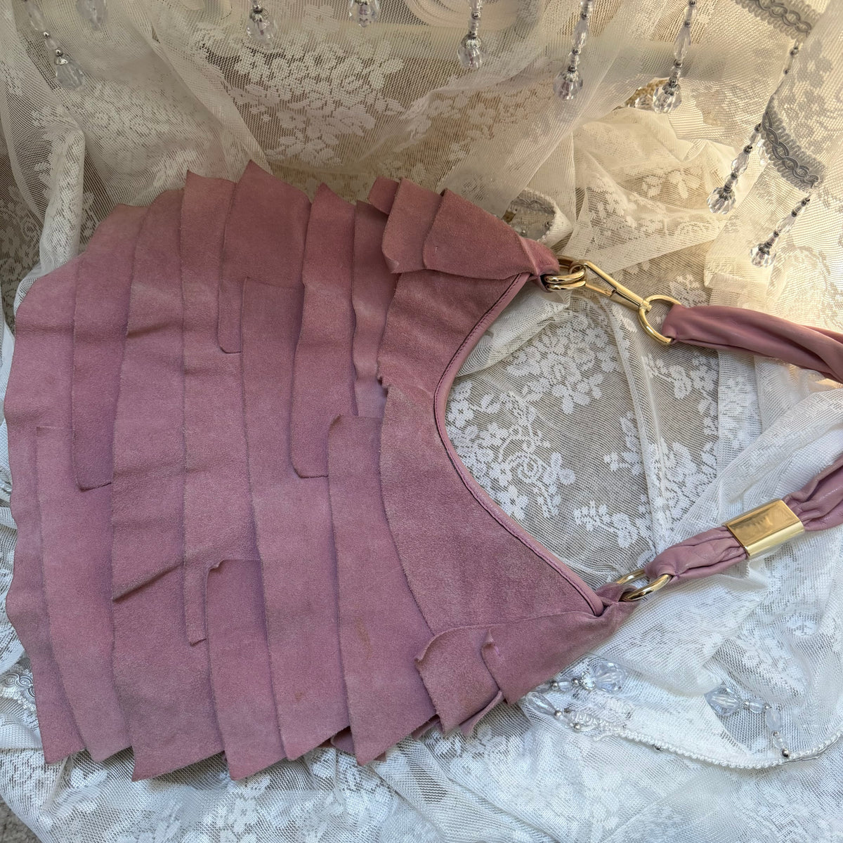 YVES SAINT LAURENT RIVE GAUCHE (TOM FORD ERA) VINTAGE PINK SUEDE SAINT-TROPEZ TIERED RUFFLE BAG