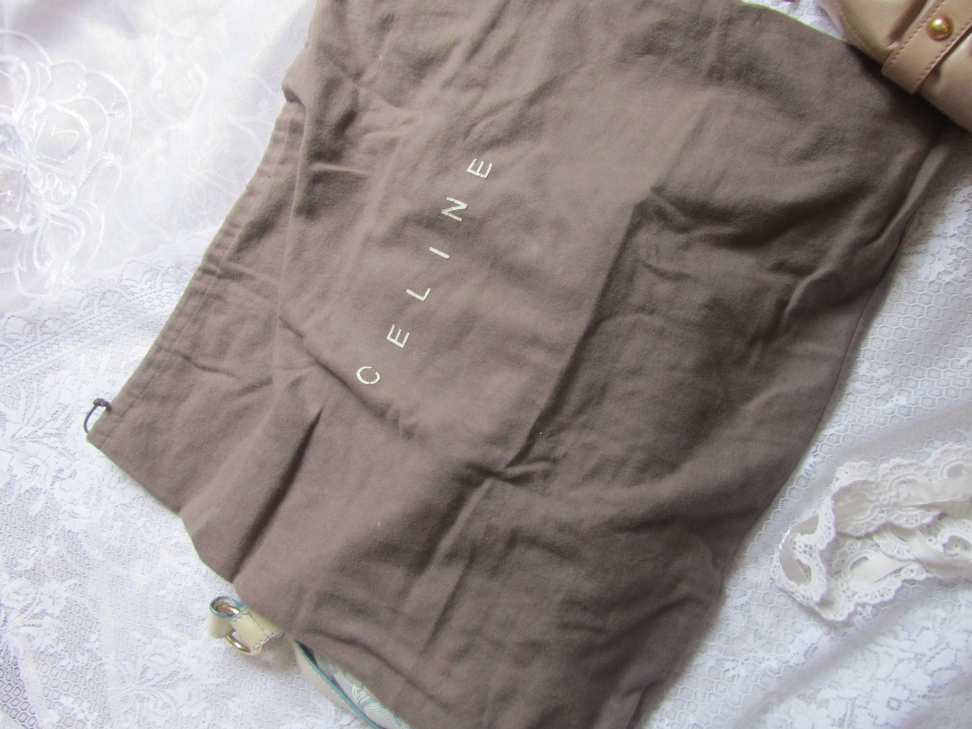 Brown bag with 'CELINE' branding on a textured surface