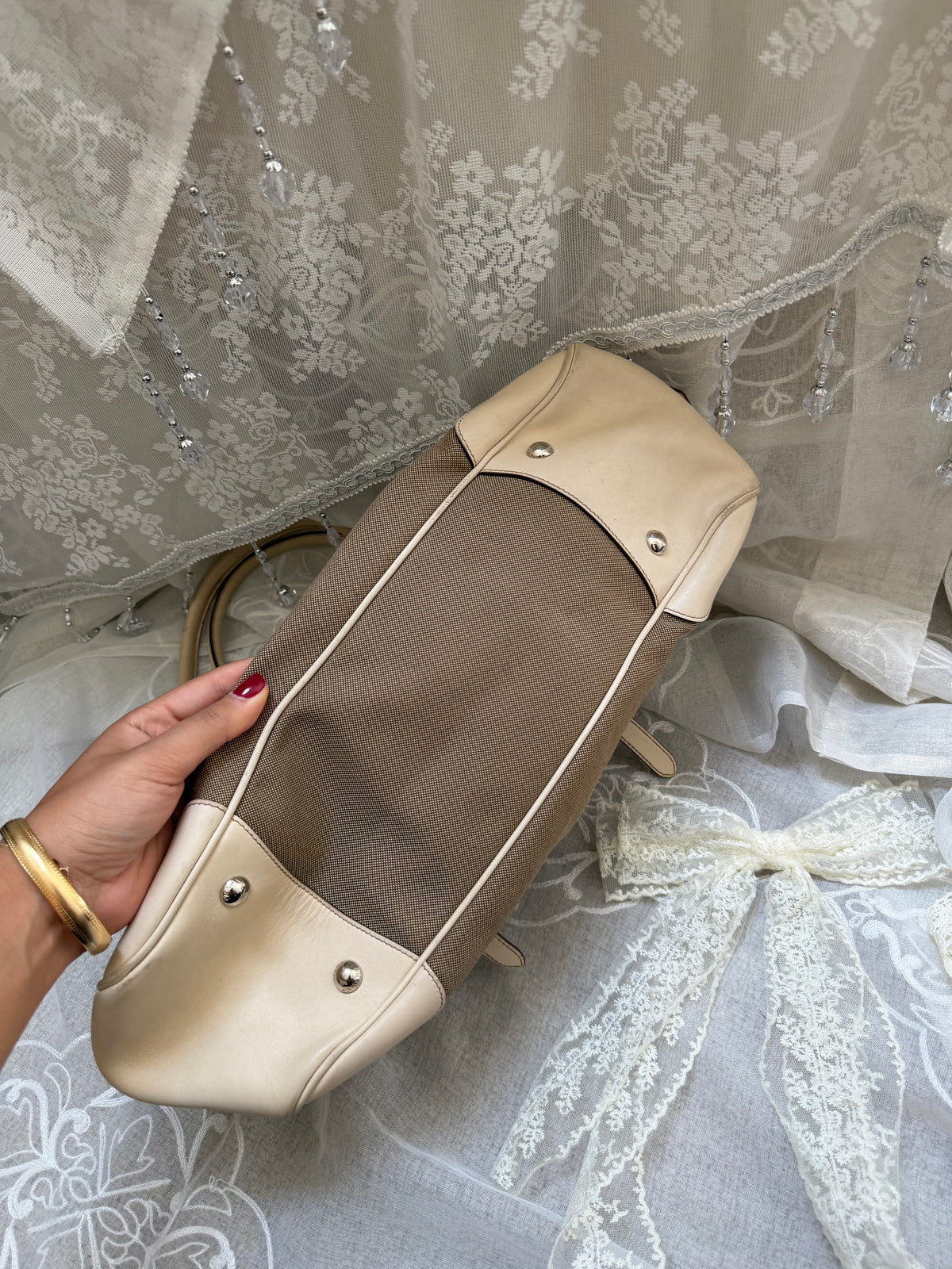 Prada VINTAGE Bianco Logo Jacquard Frame Satchel Bag