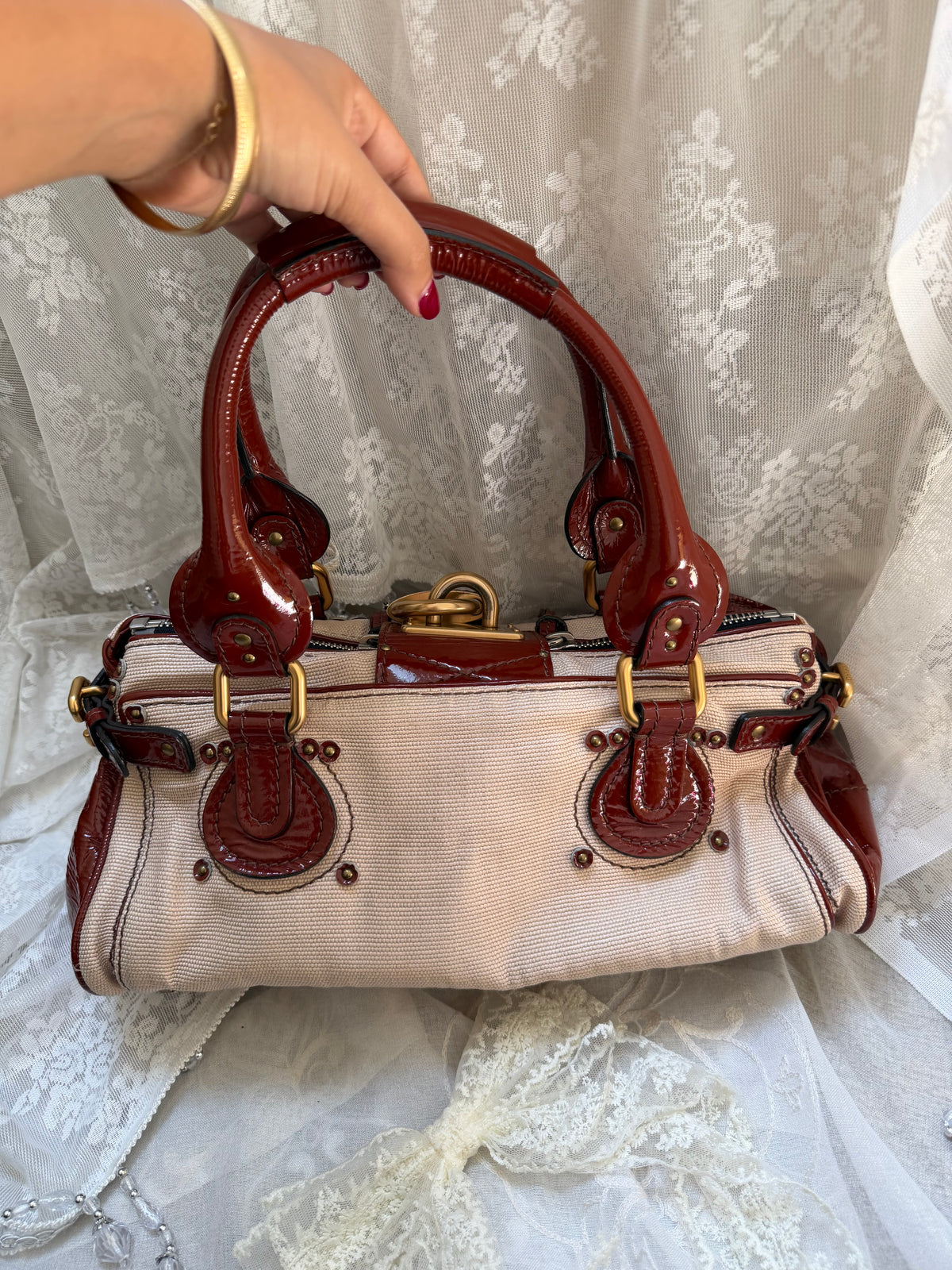 xovintage VINTAGE CHLOE PADDINGTON BAG IN BEIGE CANVAS X PATENT LEATHER - Handbags