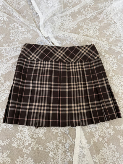 BURBERRY DARK BROWN PLEATED VINTAGE MINI SKIRT (36, xs)