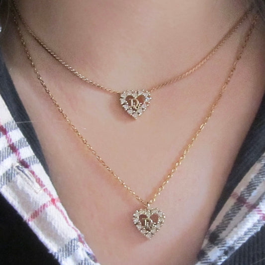 vintage dior heart shaped logo rhinestone necklace