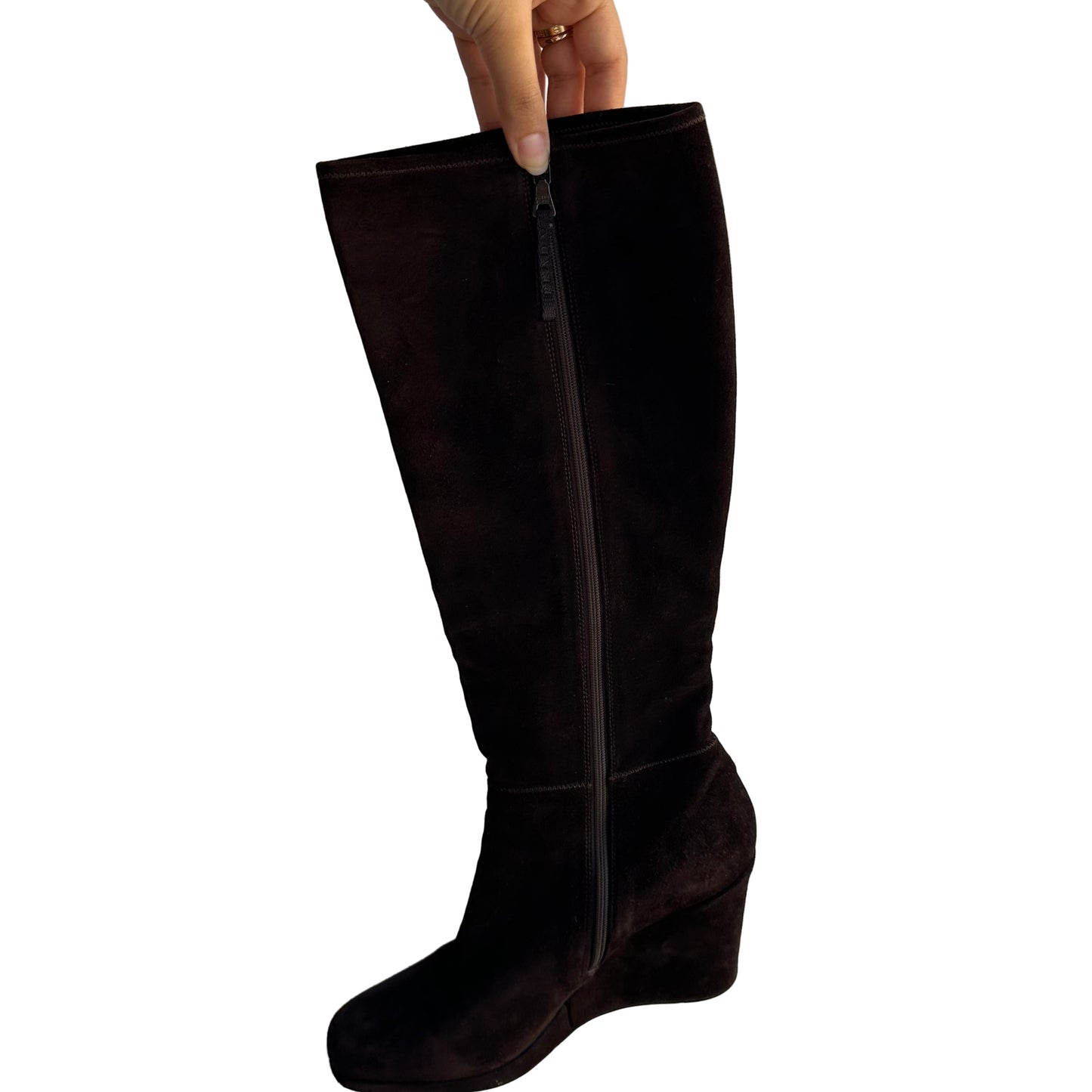 prada chocolate brown suede wedge heel boots (41)