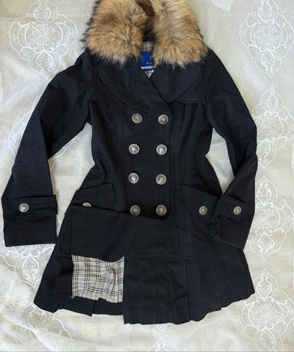 burberry blue label vintage black cotton pleated flirty coat (38,s)
